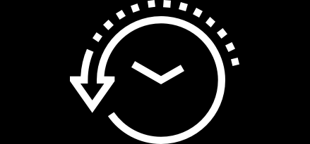 White outline of a clock with arrow pointing down