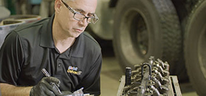 Technician working on a truck in a garage