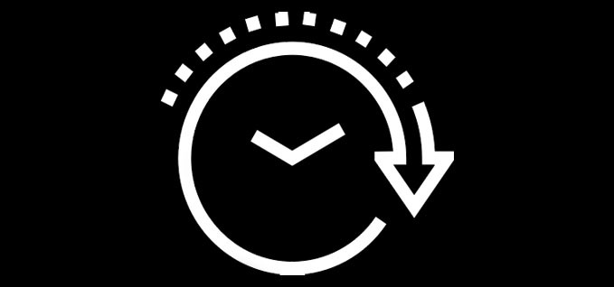 White outline of a clock with arrow pointing down